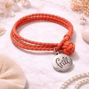 Vera Bradley Frill Braided Orange Cord Bracelet With Silver Charm